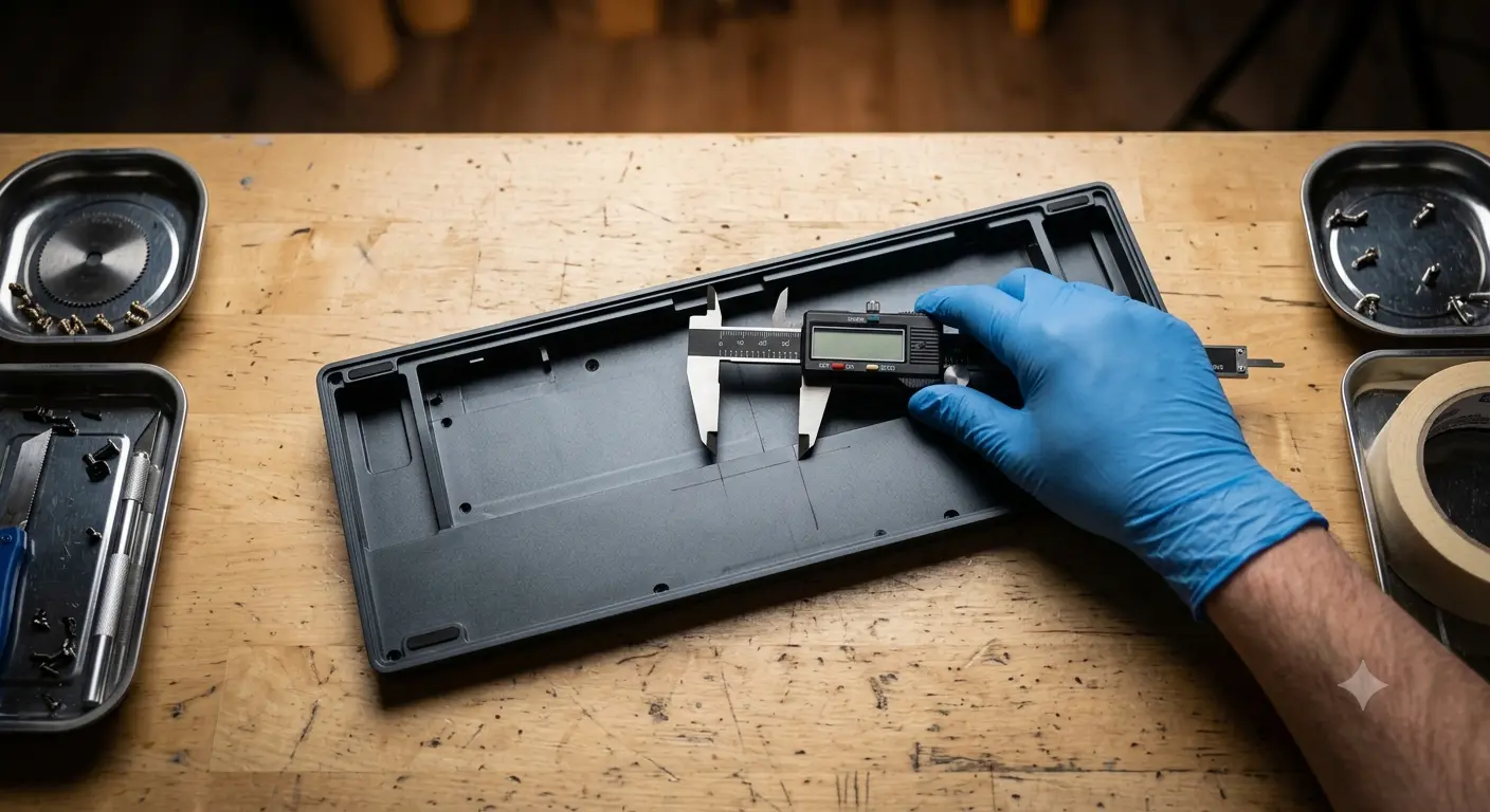 Keyboard case open showing the bottom interior ready for foam installation