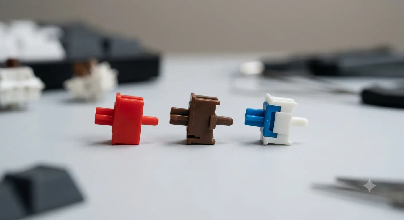 Linear, tactile and clicky mechanical switch stems side by side