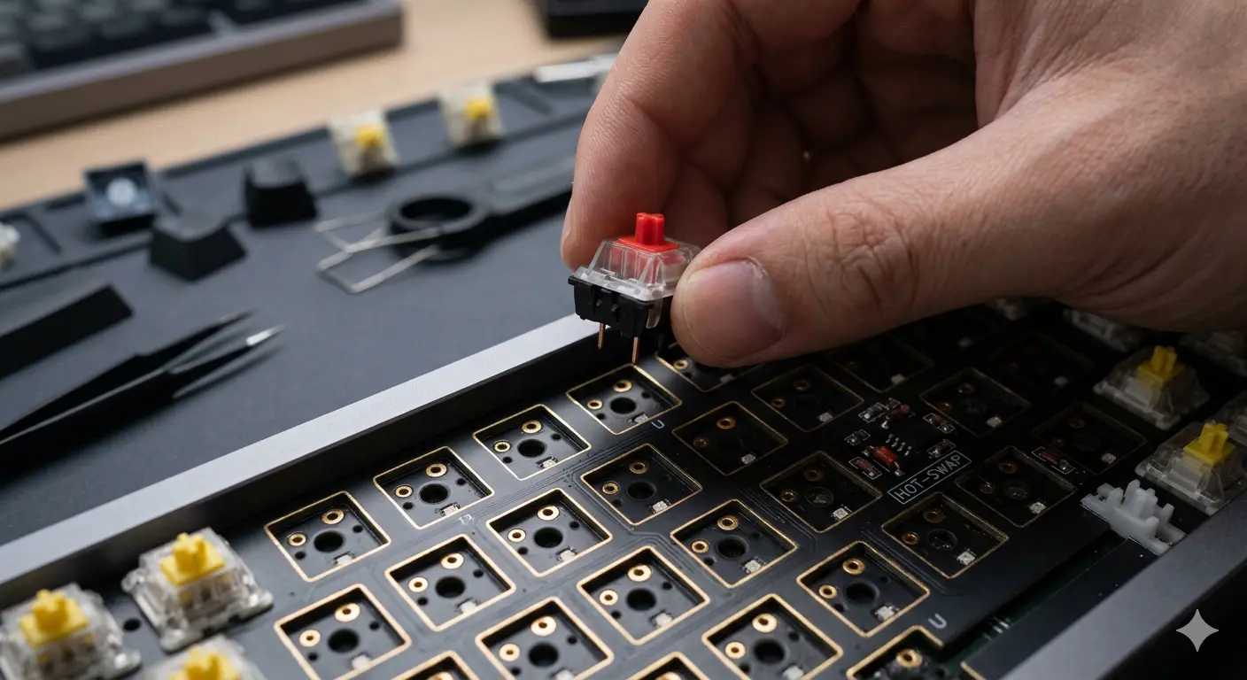 Close-up of switches being installed into a hot-swap PCB during a keyboard build