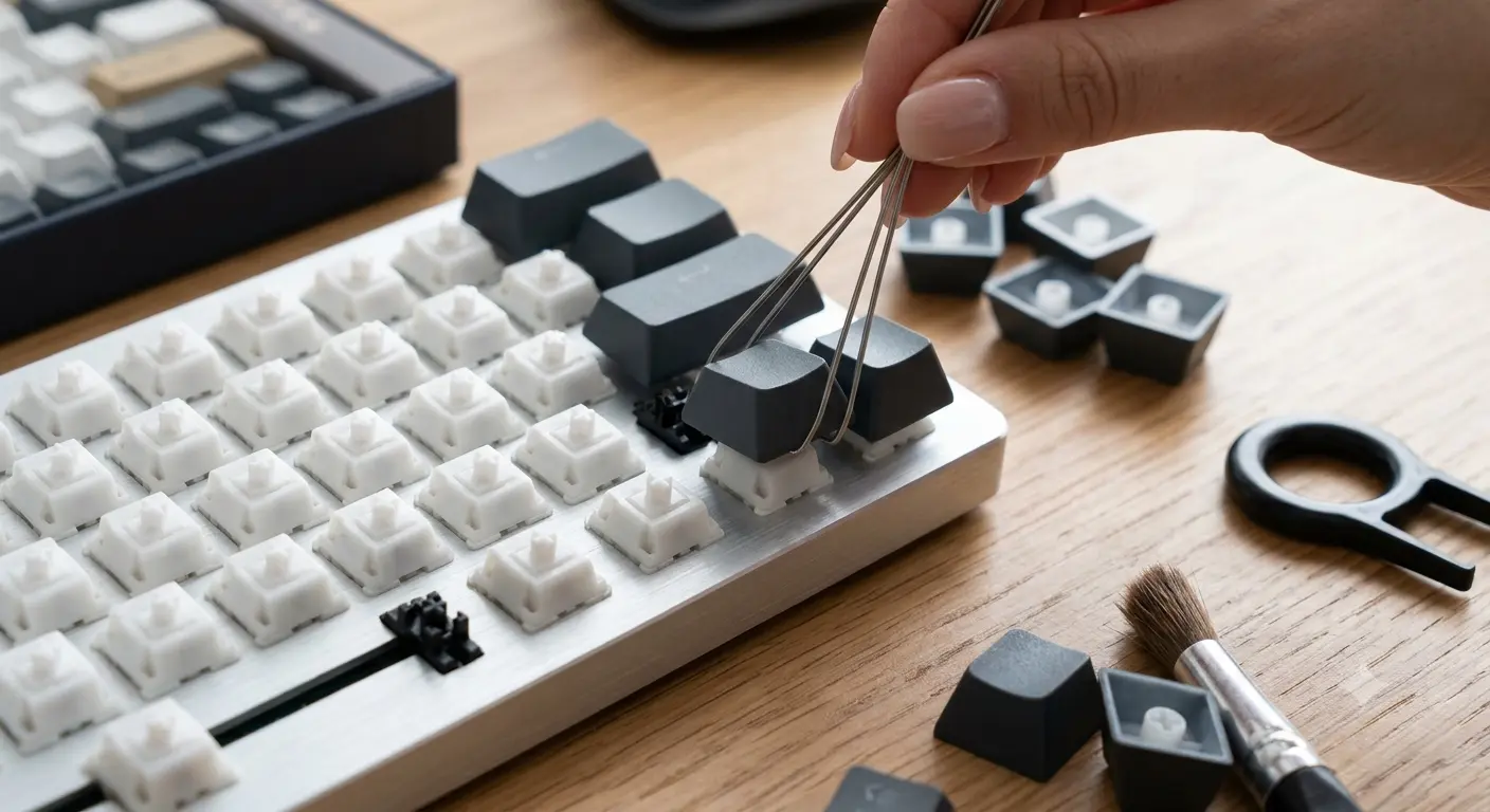 Keycap puller removing keycaps from a mechanical keyboard