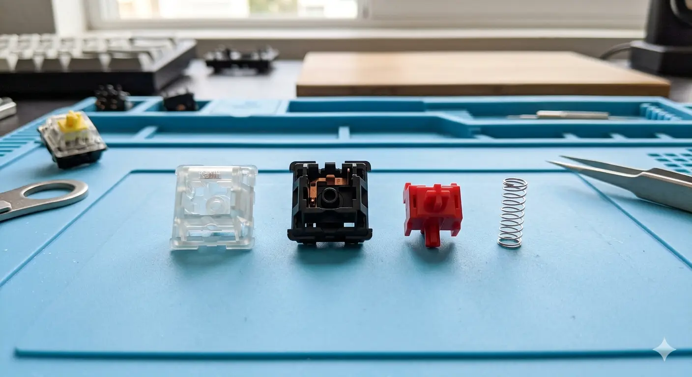 Disassembled mechanical keyboard switch showing top housing, bottom housing, stem and spring components