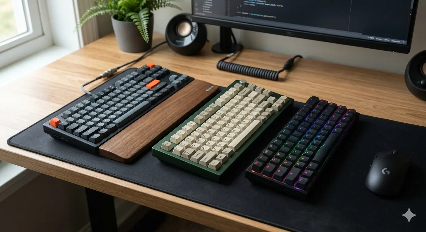 Keyboard size comparison showing TKL, 75%, and 65% form factors side by side