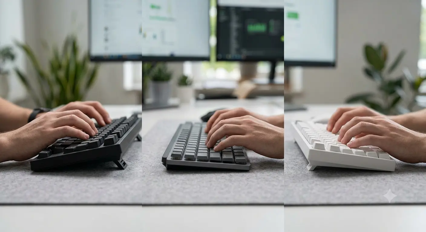 Diagram comparing wrist angle with positive tilt, flat, and negative tilt keyboards