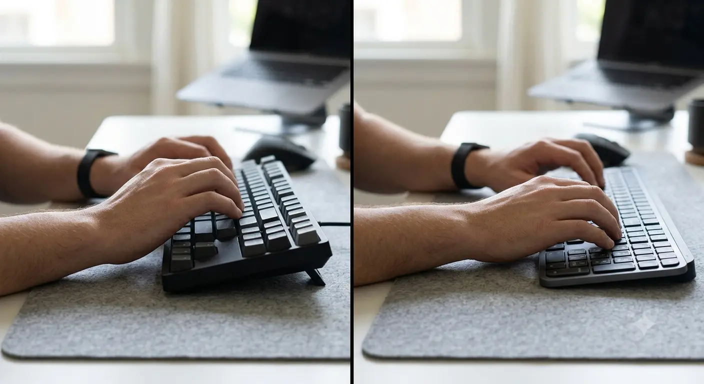 Diagram showing wrist extension versus neutral wrist position while typing